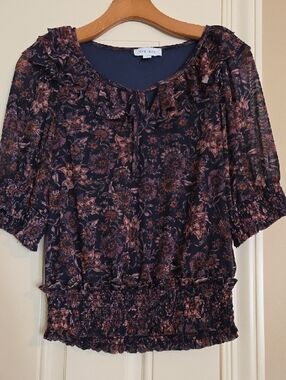 Evereve Navy Floral Tie-Front Ruffle Blouse